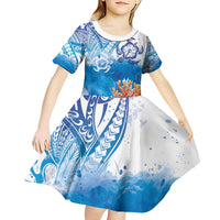Hibiscus Turtle Tattoo Coral Reef Kid Short Sleeve Dress with Polynesian Tribal