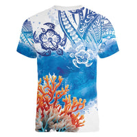 Hibiscus Turtle Tattoo Coral Reef Women V-Neck T-Shirt with Polynesian Tribal LT9 - Polynesian Pride