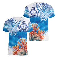 Hibiscus Turtle Tattoo Coral Reef Women V-Neck T-Shirt with Polynesian Tribal LT9 - Polynesian Pride