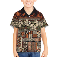 Pacific Hibiscus Tapa Tribal Vintage Family Matching Long Sleeve Bodycon Dress and Hawaiian Shirt Brown Motif
