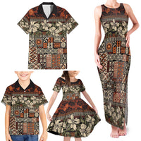 Pacific Hibiscus Tapa Tribal Vintage Family Matching Tank Maxi Dress and Hawaiian Shirt Brown Motif