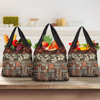 Pacific Hibiscus Tapa Tribal Vintage Grocery Bag Brown Motif