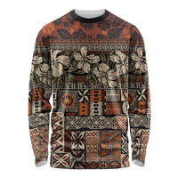 Pacific Hibiscus Tapa Tribal Vintage Long Sleeve Shirt Brown Motif