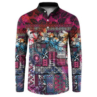 Pacific Hibiscus Tapa Tribal Vintage Button Sweatshirt Pink Motif