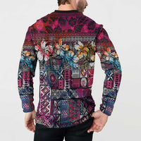 Pacific Hibiscus Tapa Tribal Vintage Button Sweatshirt Pink Motif