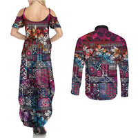 Pacific Hibiscus Tapa Tribal Vintage Couples Matching Summer Maxi Dress and Long Sleeve Button Shirt Pink Motif