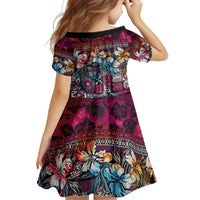 Pacific Hibiscus Tapa Tribal Vintage Family Matching Long Sleeve Bodycon Dress and Hawaiian Shirt Pink Motif