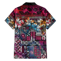 Pacific Hibiscus Tapa Tribal Vintage Family Matching Long Sleeve Bodycon Dress and Hawaiian Shirt Pink Motif