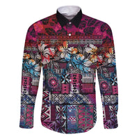 Pacific Hibiscus Tapa Tribal Vintage Family Matching Off The Shoulder Long Sleeve Dress and Hawaiian Shirt Pink Motif