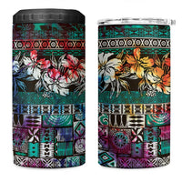 Pacific Hibiscus Tapa Tribal Vintage 4 in 1 Can Cooler Tumbler Turquoise Motif