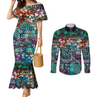 Pacific Hibiscus Tapa Tribal Vintage Couples Matching Mermaid Dress and Long Sleeve Button Shirt Turquoise Motif LT9 Turquoise - Polynesian Pride