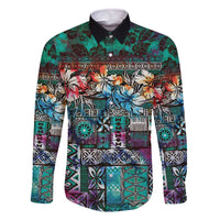 Pacific Hibiscus Tapa Tribal Vintage Family Matching Off The Shoulder Long Sleeve Dress and Hawaiian Shirt Turquoise Motif