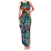 Pacific Hibiscus Tapa Tribal Vintage Family Matching Tank Maxi Dress and Hawaiian Shirt Turquoise Motif