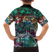 Pacific Hibiscus Tapa Tribal Vintage Kid Hawaiian Shirt Turquoise Motif