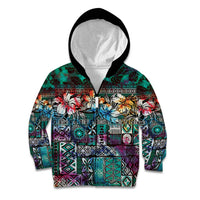 Pacific Hibiscus Tapa Tribal Vintage Kid Hoodie Turquoise Motif