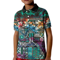 Pacific Hibiscus Tapa Tribal Vintage Kid Polo Shirt Turquoise Motif