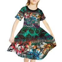 Pacific Hibiscus Tapa Tribal Vintage Kid Short Sleeve Dress Turquoise Motif