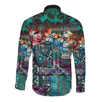 Pacific Hibiscus Tapa Tribal Vintage Long Sleeve Button Shirt Turquoise Motif