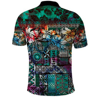 Pacific Hibiscus Tapa Tribal Vintage Polo Shirt Turquoise Motif
