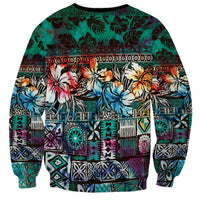 Pacific Hibiscus Tapa Tribal Vintage Sweatshirt Turquoise Motif