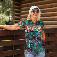 Pacific Hibiscus Tapa Tribal Vintage Women Polo Shirt Turquoise Motif