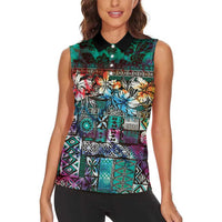 Pacific Hibiscus Tapa Tribal Vintage Women Sleeveless Polo Shirt Turquoise Motif