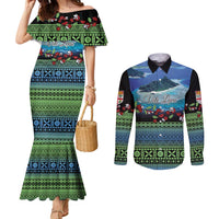 Personalised Fiji Viti Levu Couples Matching Mermaid Dress and Long Sleeve Button Shirt Tagimoucia and Tapa Tribal Pattern LT9 Blue - Polynesian Pride