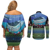 Personalised Fiji Viti Levu Couples Matching Off Shoulder Short Dress and Long Sleeve Button Shirt Tagimoucia and Tapa Tribal Pattern LT9 - Polynesian Pride