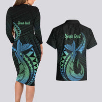 Personalised Hawaii Kure Atoll Couples Matching Long Sleeve Bodycon Dress and Hawaiian Shirt Holaniku Coral Reef with Polynesian Tribal LT9 - Polynesian Pride