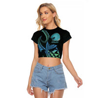 Personalised Hawaii Kure Atoll Raglan Cropped T Shirt Holaniku Coral Reef with Polynesian Tribal