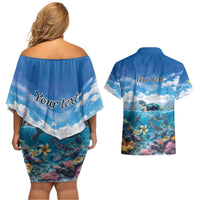 Personalised Palau Kayangel Atoll Couples Matching Off Shoulder Short Dress and Hawaiian Shirt Turtle With Coral Reef Under Water