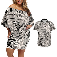 Polynesia Couples Matching Off Shoulder Short Dress and Hawaiian Shirt Tribal Polynesian Spirit With Beige Pacific Flowers LT9 Beige - Polynesian Pride