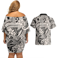 Polynesia Couples Matching Off Shoulder Short Dress and Hawaiian Shirt Tribal Polynesian Spirit With Beige Pacific Flowers LT9 - Polynesian Pride