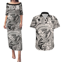 Polynesia Couples Matching Puletasi Dress and Hawaiian Shirt Tribal Polynesian Spirit With Beige Pacific Flowers LT9 Beige - Polynesian Pride
