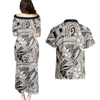 Polynesia Couples Matching Puletasi Dress and Hawaiian Shirt Tribal Polynesian Spirit With Beige Pacific Flowers LT9 - Polynesian Pride