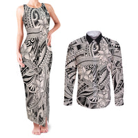 Polynesia Couples Matching Tank Maxi Dress and Long Sleeve Button Shirt Tribal Polynesian Spirit With Beige Pacific Flowers LT9 Beige - Polynesian Pride