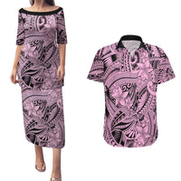 Polynesia Couples Matching Puletasi Dress and Hawaiian Shirt Tribal Polynesian Spirit With Pink Pacific Flowers LT9 Pink - Polynesian Pride