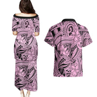 Polynesia Couples Matching Puletasi Dress and Hawaiian Shirt Tribal Polynesian Spirit With Pink Pacific Flowers LT9 - Polynesian Pride