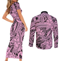 Polynesia Couples Matching Short Sleeve Bodycon Dress and Long Sleeve Button Shirt Tribal Polynesian Spirit With Pink Pacific Flowers LT9 - Polynesian Pride