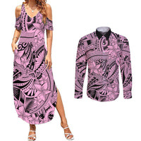 Polynesia Couples Matching Summer Maxi Dress and Long Sleeve Button Shirt Tribal Polynesian Spirit With Pink Pacific Flowers LT9 Pink - Polynesian Pride