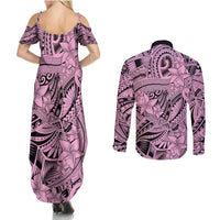 Polynesia Couples Matching Summer Maxi Dress and Long Sleeve Button Shirt Tribal Polynesian Spirit With Pink Pacific Flowers LT9 - Polynesian Pride