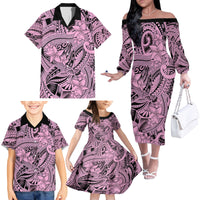 Polynesia Family Matching Off Shoulder Long Sleeve Dress and Hawaiian Shirt Tribal Polynesian Spirit With Pink Pacific Flowers LT9 - Polynesian Pride