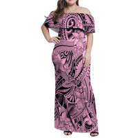 Polynesia Family Matching Off Shoulder Maxi Dress and Hawaiian Shirt Tribal Polynesian Spirit With Pink Pacific Flowers LT9 Mom's Dress Pink - Polynesian Pride