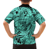 Polynesia Family Matching Off Shoulder Short Dress and Hawaiian Shirt Tribal Polynesian Spirit With Teal Pacific Flowers LT9 - Polynesian Pride