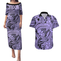 Polynesia Couples Matching Puletasi Dress and Hawaiian Shirt Tribal Polynesian Spirit With Violet Pacific Flowers LT9 Violet - Polynesian Pride