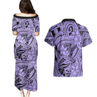 Polynesia Couples Matching Puletasi Dress and Hawaiian Shirt Tribal Polynesian Spirit With Violet Pacific Flowers LT9 - Polynesian Pride