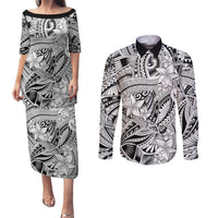 Polynesia Couples Matching Puletasi Dress and Long Sleeve Button Shirt Tribal Polynesian Spirit With White Pacific Flowers LT9 White - Polynesian Pride