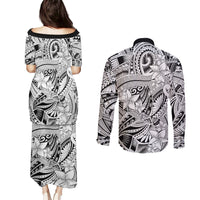 Polynesia Couples Matching Puletasi Dress and Long Sleeve Button Shirt Tribal Polynesian Spirit With White Pacific Flowers LT9 - Polynesian Pride