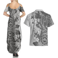 Polynesia Couples Matching Summer Maxi Dress and Hawaiian Shirt Hibiscus and Hawaiian Tribal Tattoo Retro Style Gray Color LT9 - Polynesian Pride