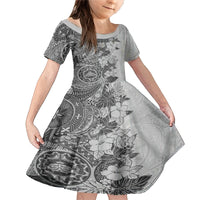 Polynesia Family Matching Mermaid Dress and Hawaiian Shirt Hibiscus and Hawaiian Tribal Tattoo Retro Style Gray Color LT9 Daughter's Dress Gray - Polynesian Pride